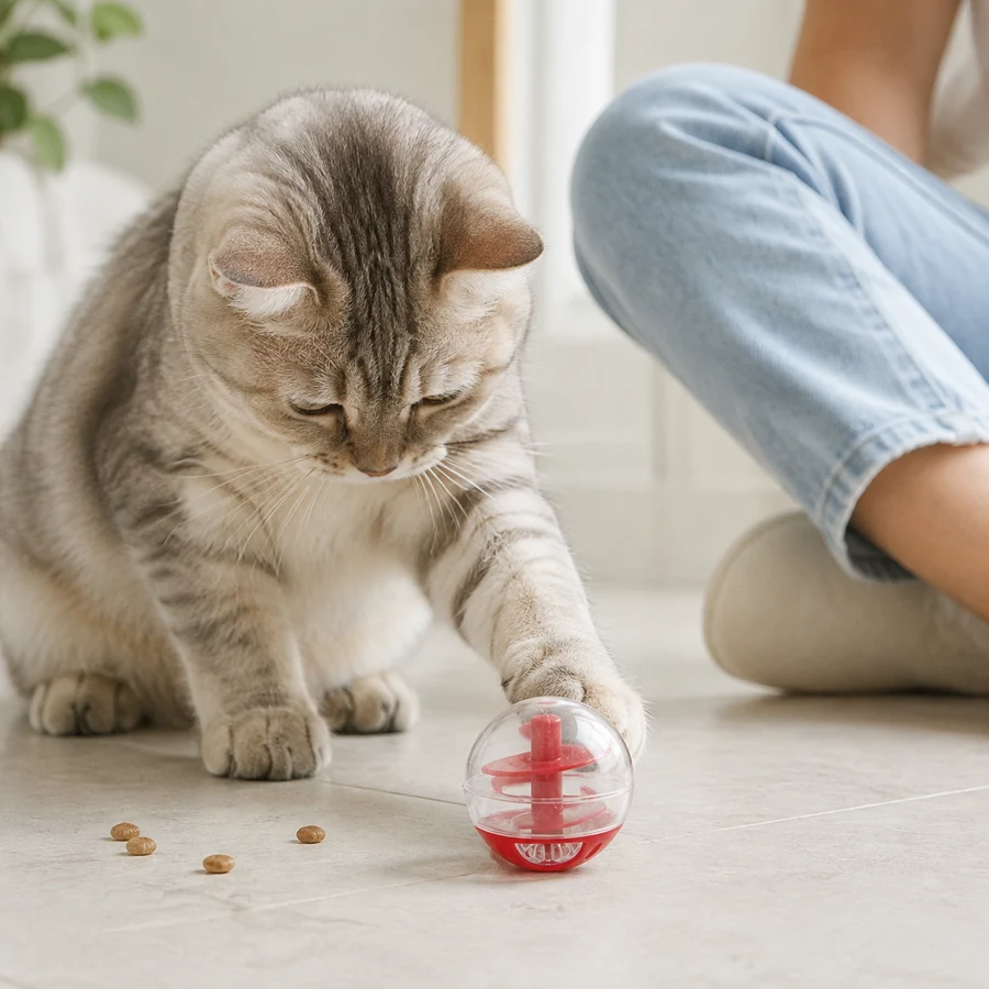 Red PETEE Roll & Reward Cat Treat Ball in a PETEE real-use scene