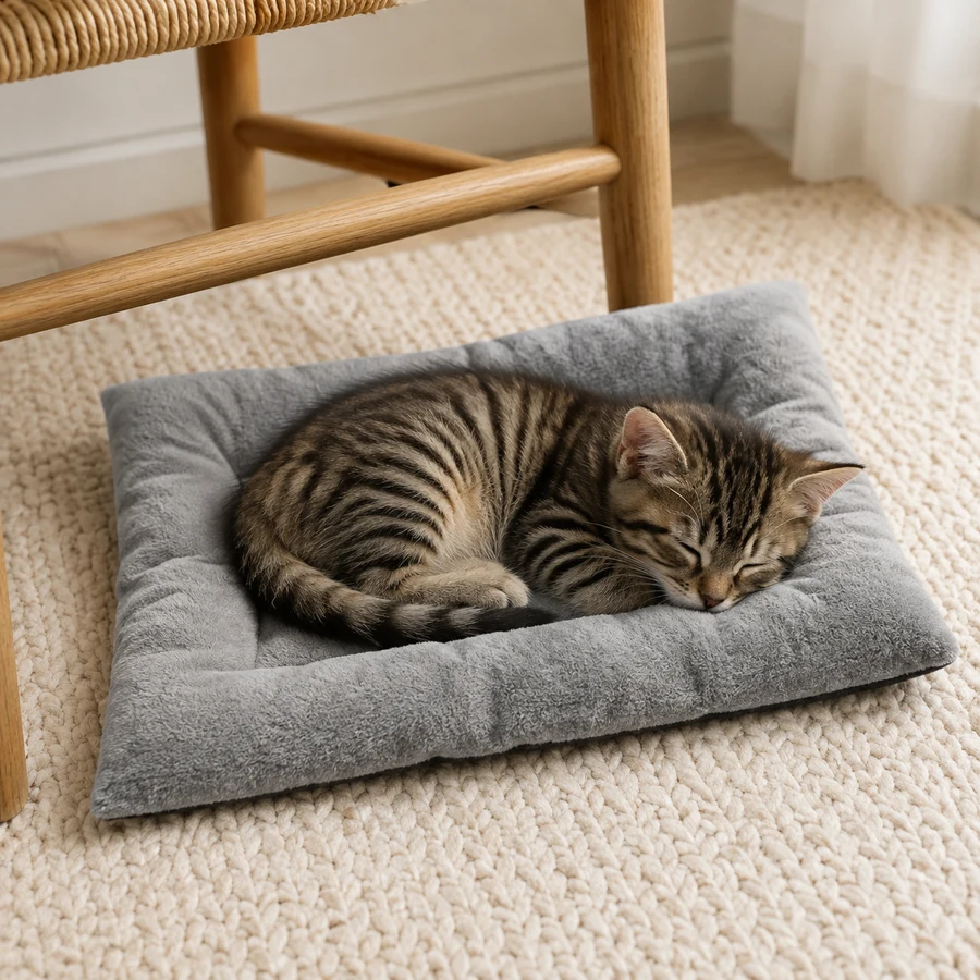 Grey · Small (40 × 30 cm) PETEE Little Nap Pad in a PETEE real-use scene