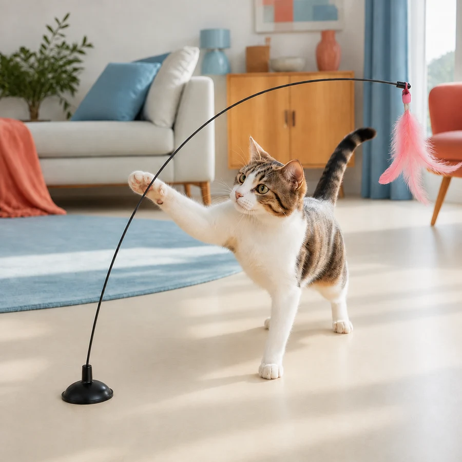 Pink Normal Suction Feather Cat Teaser in a PETEE real-use scene