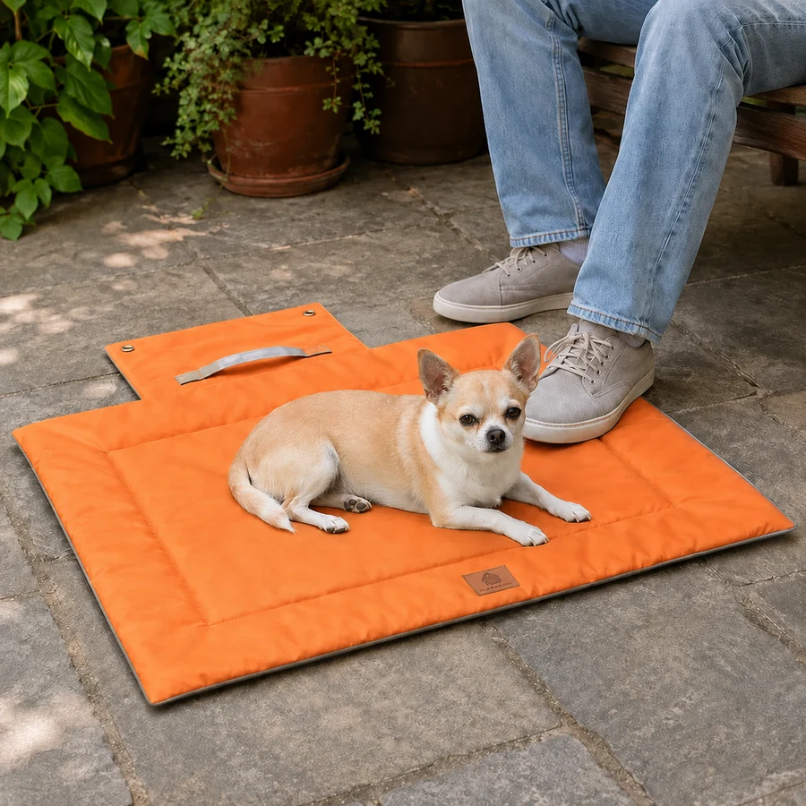 Orange · 70 × 50 cm PETEE Packaway Travel Mat — PETEE September 7 lifestyle