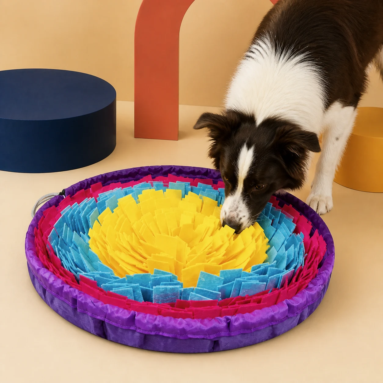 Dog exploring a purple PETEE snuffle mat