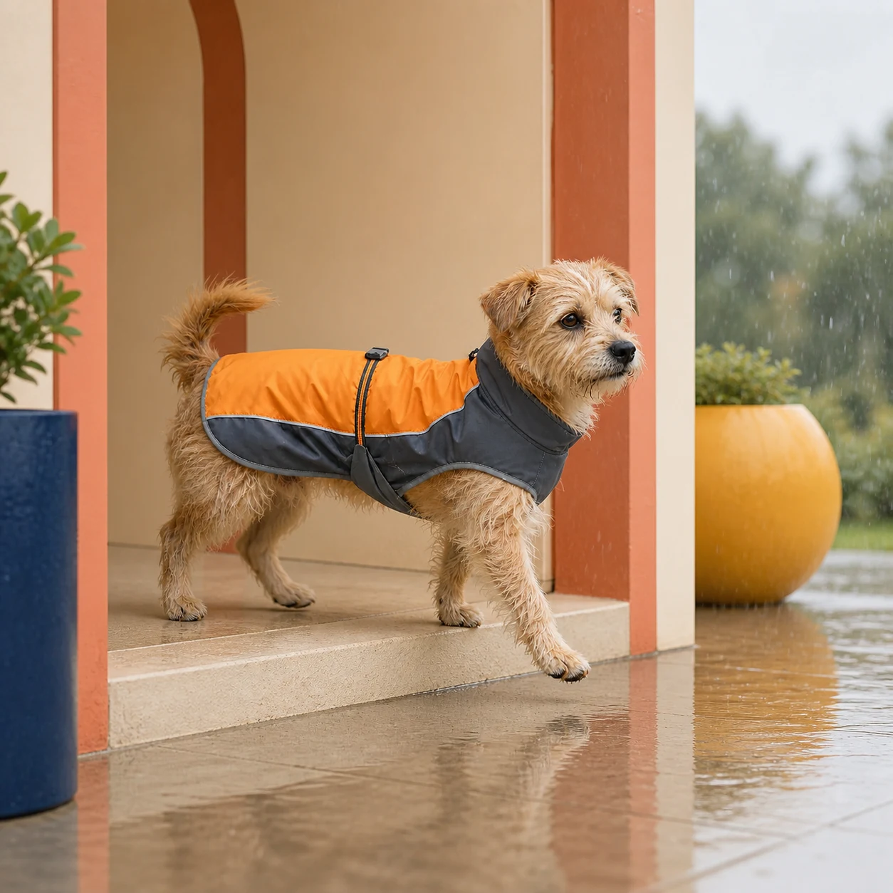 Small dog stepping into the rain in an orange PETEE rain cape
